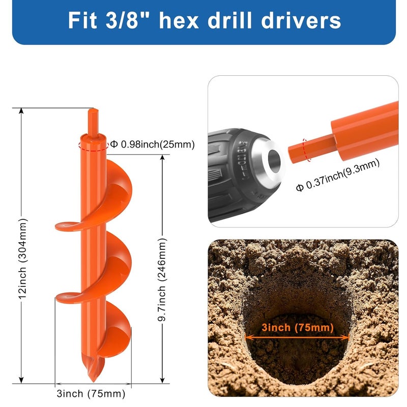 BeneLabel 3 X 12 Inch Auger Drill Bit for Planting Bulb Spiral Hole Drill Augers for Digging Holes Drills Post Holes Auger for Fence Post and Umbrella Holes - Fit 3/8" Hex Drills - Image 4